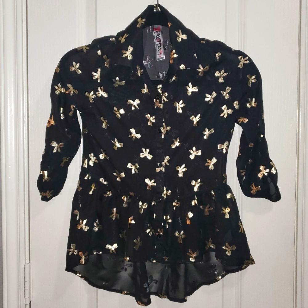 Metallic Bows Sheer Ruffled High-Low Top